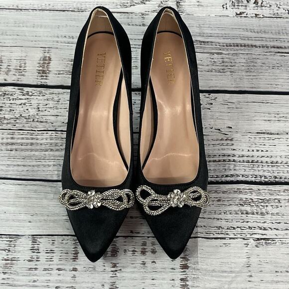 Yetier Heels Pumps Shoes size 10 Black Satin Faux Diamond Bow Cocktail Evening - Picture 2 of 12